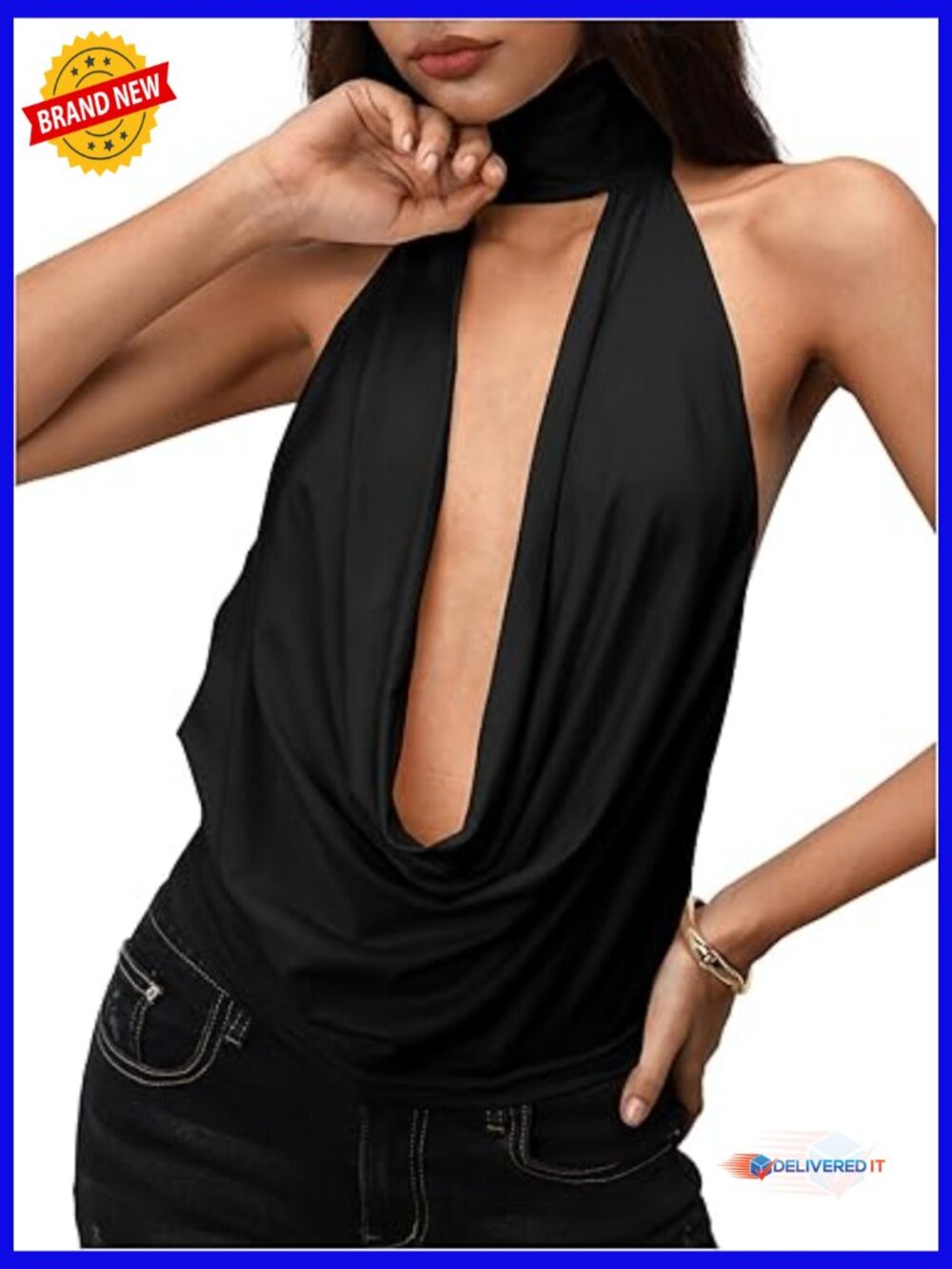 Halter Open-Back Draped Cowl Neck Sleeveless Tank Top